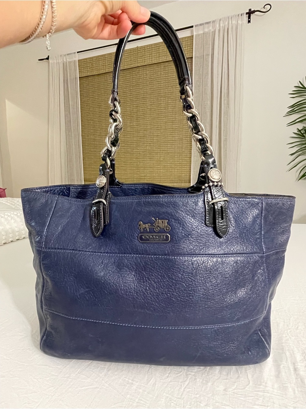 Coach Navy Leather Tote with Chain-Detail Black Handles